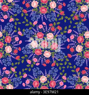 Vector seamless pattern with bouquets of pink roses, blue bellflowers, and lavender on dark blue background for textile and wallpaper design. Stock Vector