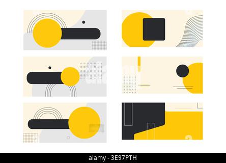 Abstract geometric banner set featuring yellow circles and dark grey shapes on a cream background. Stock Vector