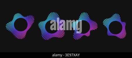 Circular soundwave icons with neon gradient radial bursts in cyan, blue and pink on dark. Stock Vector