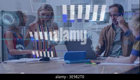 Working family using laptop, smartphone at kitchen table, striped dress and denim overalls, HUD Stock Photo