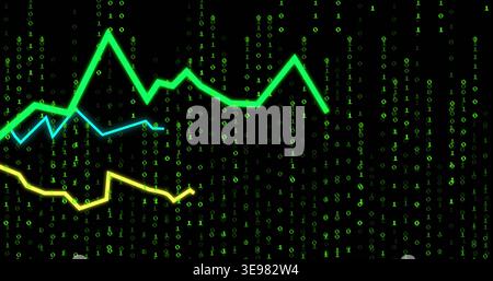 Displaying three neon line graphs pulsating across virtual dashboard, with cascading binary digits Stock Photo