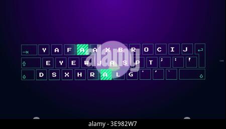 Displaying stylized keyboard on dark purple gradient, featuring green-striped keys and play icon Stock Photo