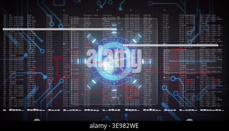 Displaying central holo interface pulsing blue on network panel overlaying columns and red warnings Stock Photo