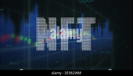Displaying centered NFT lettering glowing on digital dashboard, showing candles and blue waveform Stock Photo