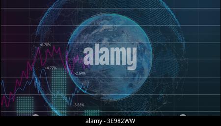Glowing blue Earth globe rotating in dashboard, showing magenta and blue charts, pct labels, grid Stock Photo