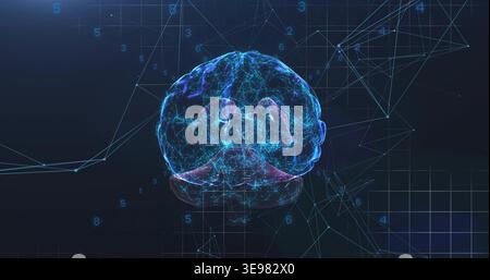 Holographic 3D brain pulsing, incoming digits activating pathways and mesh for AI analysis Stock Photo