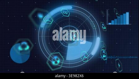 Displaying hologram radar sweeping on dark grid HUD, rings, hex icons, bar chart, waveform, blips Stock Photo