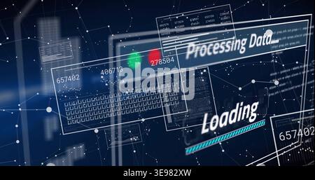 Showing central HUD panel displaying Processing Data and Loading progress bar on console, node mesh Stock Photo