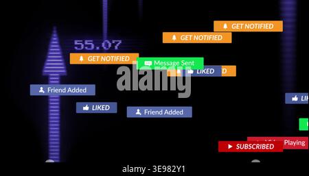 Displaying social notification badges floating on dark dashboard, showing purple arrows and 55 Stock Photo