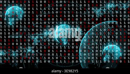 Floating teal globe on right in digital network connecting to nodes and streaming bits Stock Photo