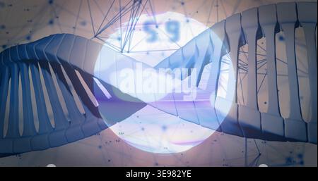 Rendering large 3D DNA helix spanning abstract digital view with translucent orb and mesh lines Stock Photo