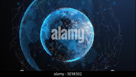 Glowing digital globe floating in virtual data visualization space, showing mesh overlay and nodes Stock Photo
