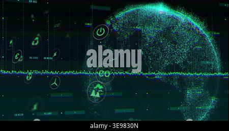 Displaying particle-based globe rotating in holographic dashboard, with waveform, icons, readouts Stock Photo