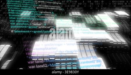 Streaming layered JavaScript-like code and binary digits over glowing tile grid in cyberspace Stock Photo
