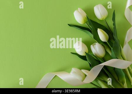 Elegant spring composition featuring white tulips arranged on a soft green background with a flowing satin ribbon. Easter or Mothers Day celebration Stock Photo