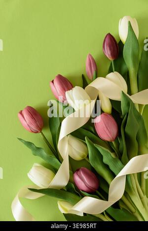 Elegant spring composition featuring white and pink  tulips arranged on a soft green background with a flowing satin ribbon. Easter or Mothers Day cel Stock Photo