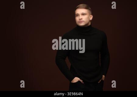 Anonymous man with pixelated face on dark brown background Stock Photo