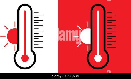 Flat vector illustration of a high temperature thermometer with sun icon in red and white color variations for weather design Stock Vector