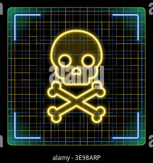 Skull crossbone icon, danger sign illustration. Toxic, electricity or chemical danger icon. Futuristic tech neon illustration, editable strokes. Stock Vector