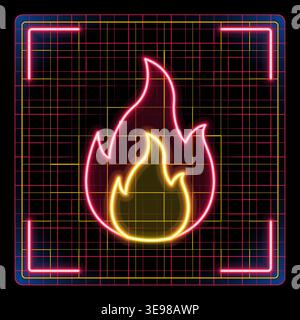 Five red fire flame icon, hot burning symbol, heat risk warning sign. Glowing neon icon with border grid vector, editable strokes graphic style. Stock Vector