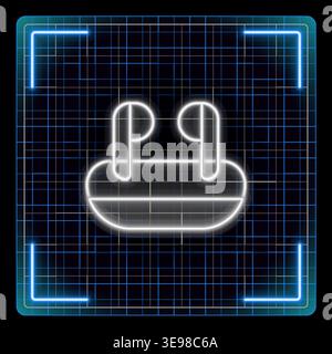 Earbuds icon, wireless in-ear headphones, audio sound device symbol. Futuristic tech glowing neon illustration, editable strokes. Stock Vector