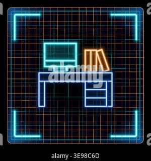 Desk with computer monitor icon, professional office workspace. Futuristic tech glowing neon illustration, editable strokes. Stock Vector