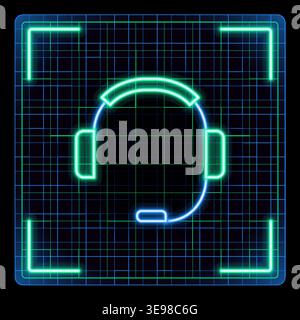 Headset icon, headphones and microphone, customer support device symbol. Glowing neon icon with border grid vector, editable strokes graphic style. Stock Vector