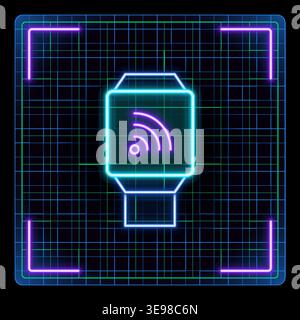 Smart watch icon, electronic wrist watch gadget. Futuristic tech glowing neon illustration, editable strokes. Stock Vector