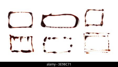 Chocolate Sauce Square Frames Isolated, Choco Sauce Drop, Cream Line, Melt Chocolate Drizzle, Cocoa Sauce Flat Stroke, Brown Syrup Decoration, Soy Sau Stock Photo