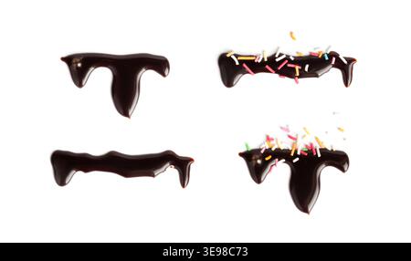 Chocolate Sauce Smear Isolated, Choco Sauce Drop, Cream Line, Melt Chocolate Drizzle, Cocoa Sauce Flat Stroke, Brown Syrup Decoration, Soy Sauce on Wh Stock Photo