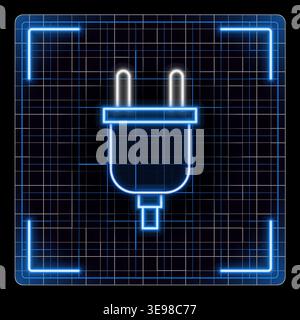 Electrical plug icon, outlet power energy symbol. Glowing neon icon with border grid vector, editable strokes graphic style. Stock Vector
