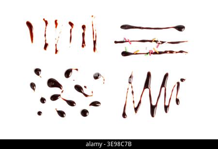 Chocolate Sauce Smear Isolated, Choco Sauce Drop, Cream Line, Melt Chocolate Drizzle, Cocoa Sauce Flat Stroke, Brown Syrup Decoration, Soy Sauce on Wh Stock Photo