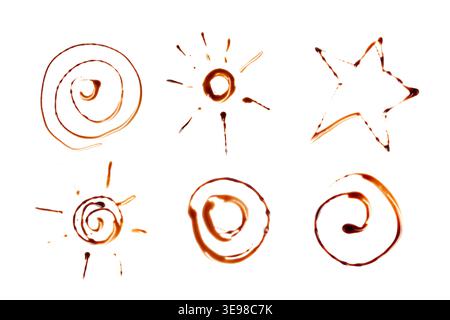 Chocolate Sauce Sun, Smear Isolated, Choco Sauce Drop, Cream Line, Melt Chocolate Drizzle, Cocoa Sauce Flat Stroke, Brown Syrup Decoration, Soy Sauce Stock Photo