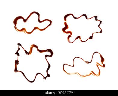 Chocolate Sauce Smear Isolated, Choco Sauce Drop, Cream Line, Melt Chocolate Drizzle, Cocoa Sauce Flat Stroke, Brown Syrup Decoration, Soy Sauce on Wh Stock Photo