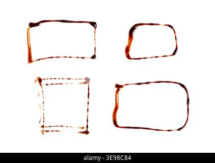 Chocolate Sauce Square Frames Isolated, Choco Sauce Drop, Cream Line, Melt Chocolate Drizzle, Cocoa Sauce Flat Stroke, Brown Syrup Decoration, Soy Sau Stock Photo