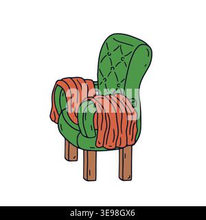 Hand drawn doodle soft armchair with blanket icon. Line art boho lounge drawing Stock Vector