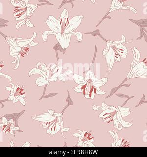 Vintage seamless pattern with hand drawn white lily flowers on pastel pink background Stock Vector