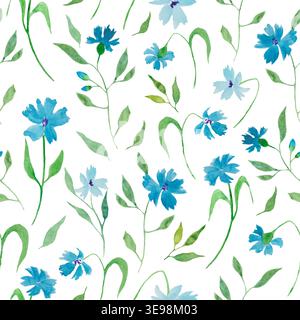 Watercolor vector seamless pattern with blue cornflowers, green leaves on white background. Botanical floral repeat print for summer textile. Stock Vector