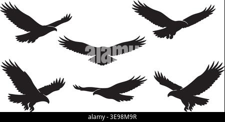 Eagle flying silhouettes collection isolated on white with spread wings Stock Vector