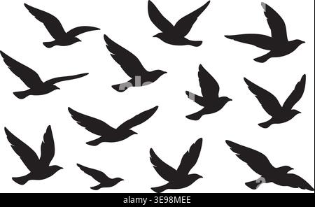 Minimal flying bird silhouettes isolated on white with open sky composition Stock Vector