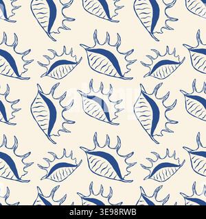 Blue seashell patterns float across a creamy background Stock Vector