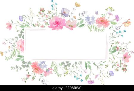 Watercolor floral frame with pink peonies, eucalyptus leaves and wildflowers. Hand-painted botanical rectangular border for wedding invitations Stock Vector