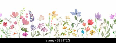 Watercolor floral seamless border with pink roses, peonies and eucalyptus. Hand-painted botanical horizontal repeat pattern isolated on white. Stock Vector