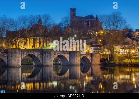 Limoges, France - view of historic Pont Saint Etienne bridge and Cathedral at dusk Stock Photo