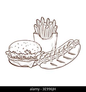 A composition with a burger, a hot dog, french fries. A vector illustration of a fast-food meal set, suitable for street food menus, café posters Stock Vector