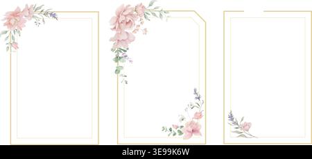 Watercolor floral frames set with golden geometric borders, pink peonies, eucalyptus. Hand painted Botanical wedding invitation templates. Vector EPS Stock Vector