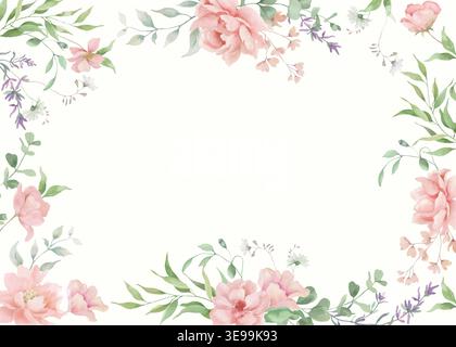 Watercolor floral frame with pink peonies, eucalyptus leaves and wildflowers. Botanical rectangular border for wedding invitations and greeting cards. Stock Vector