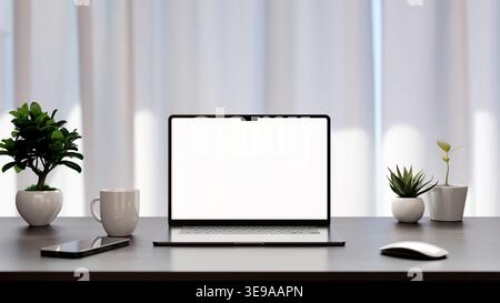 Laptop with blank screen on modern desk workspace. Clean home office setup with copy space for presentation. Rendering in 8k high resolution. Horizont Stock Photo