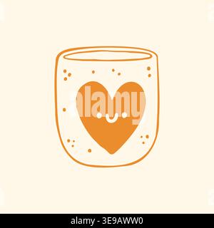 Hand drawn vector illustration of a sweet ceramic mug with a cute smiling heart character and dots. Playful doodle graphic of a lovely coffee cup for Stock Vector