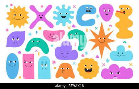 Geometric shape characters set cute blob faces and funny expressions. Abstract playful organic forms with eyes and emotions messy modern geometry cartoon style smiling diverse figures grungy design Stock Vector